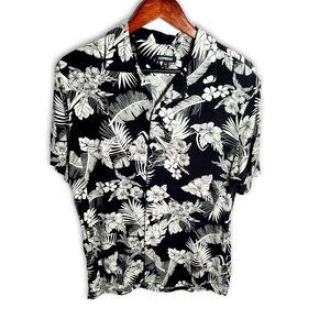 Men's Medium Express Black & White Floral Hawaiian Shirt Button Short Sleeve